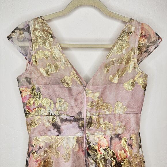 Rickie Freeman Teri Jon Gold Floral Pleated Fit and Flare Midi Cocktail Dress 8 - Picture 10 of 14